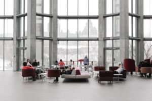 A clean lobby with clients and customers.