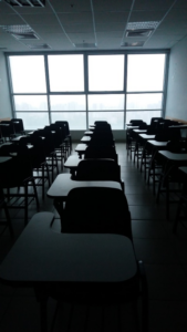 A clean, sanitized classroom during the lockdown period.