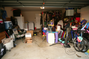 A messy and cluttered garage of a residential home
